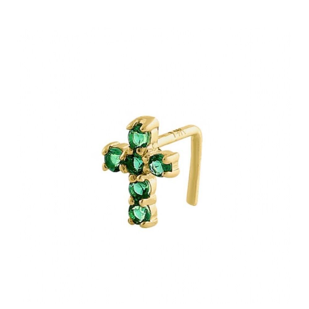 Solid 14K Yellow Gold Cross Emerald Green CZ Nose Stud New
